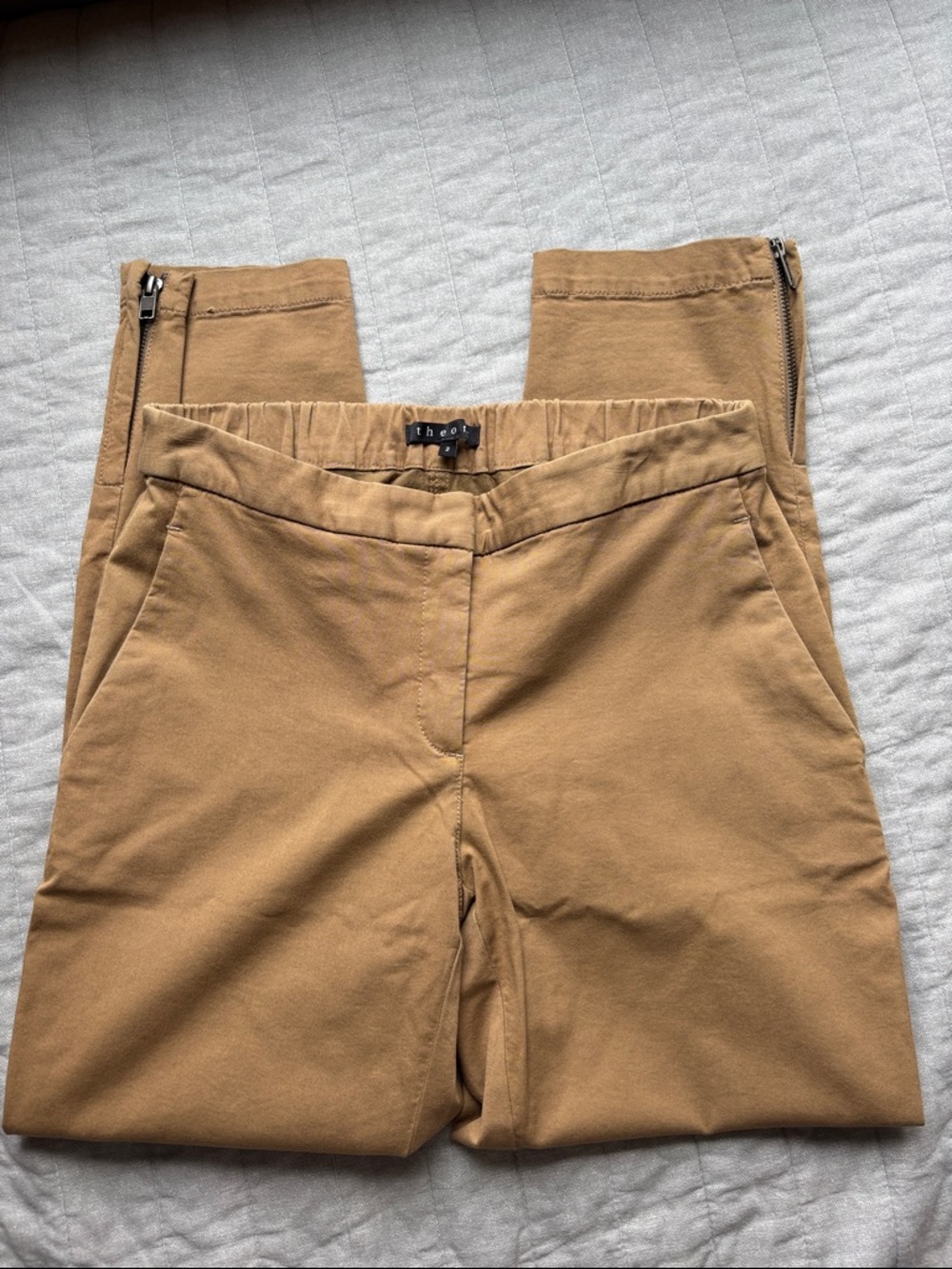 Theory Tan Cropped Zip-Ankle Tapered Pants